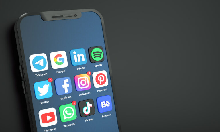 most popular social media icons logos mobile phone screen with copy space text