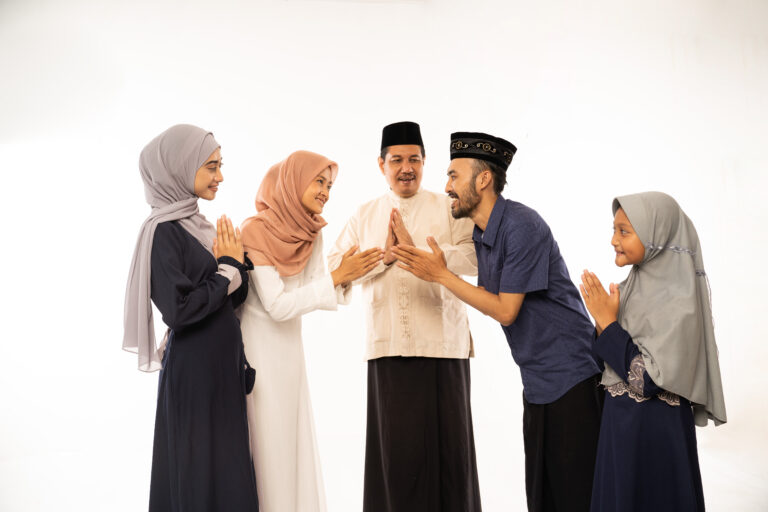 muslim family shake hand idul fitri celebration